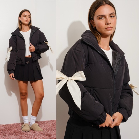 Errands To Run Black Bow Puffer Jacket - Picture 1 of 5